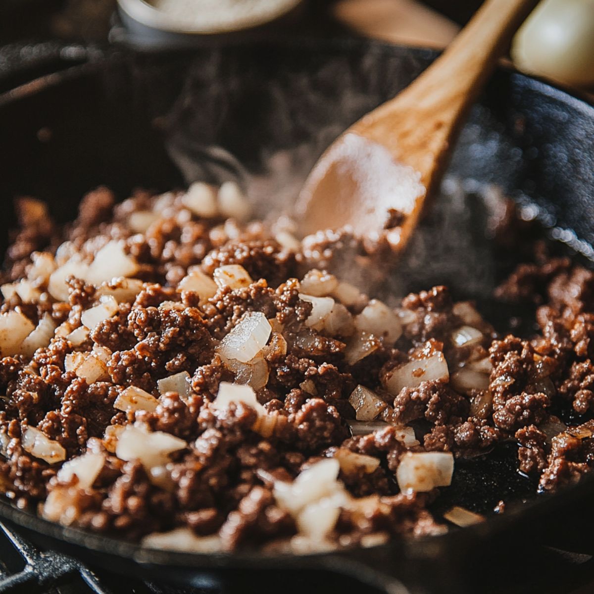 Ground beef and diced onions sizzling in a cast iron skillet, stirred with a wooden spoon.