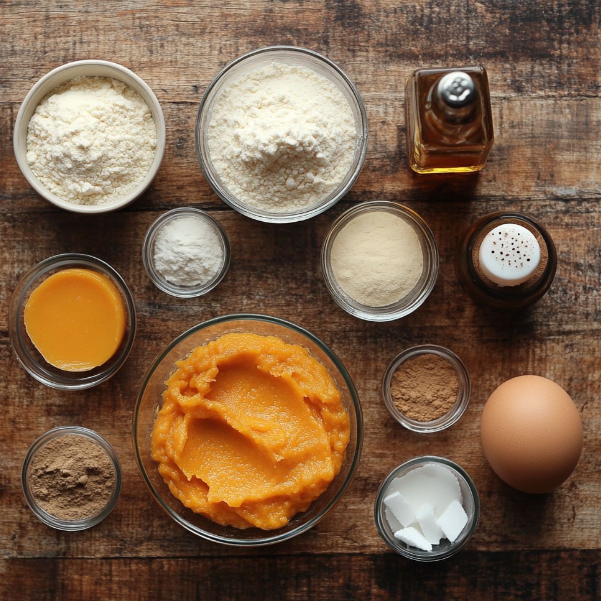 Overhead view of pumpkin cheesecake cookie ingredients on a rustic wooden table, featuring a bowl of pumpkin puree, flour, sugars, spices, an egg, vanilla extract, and other baking essentials.