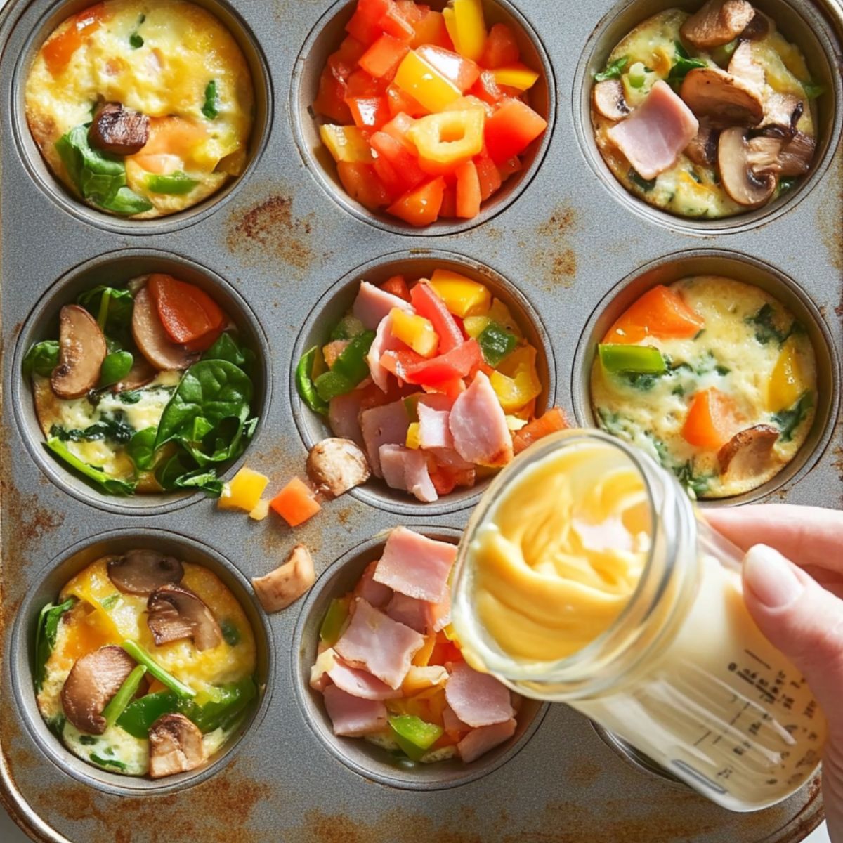 Top-down view of muffin tin being filled with egg mixture and colorful ingredients like ham, spinach, mushrooms, and peppers. A hand pours eggs from a glass jar in a bright, homemade kitchen scene.