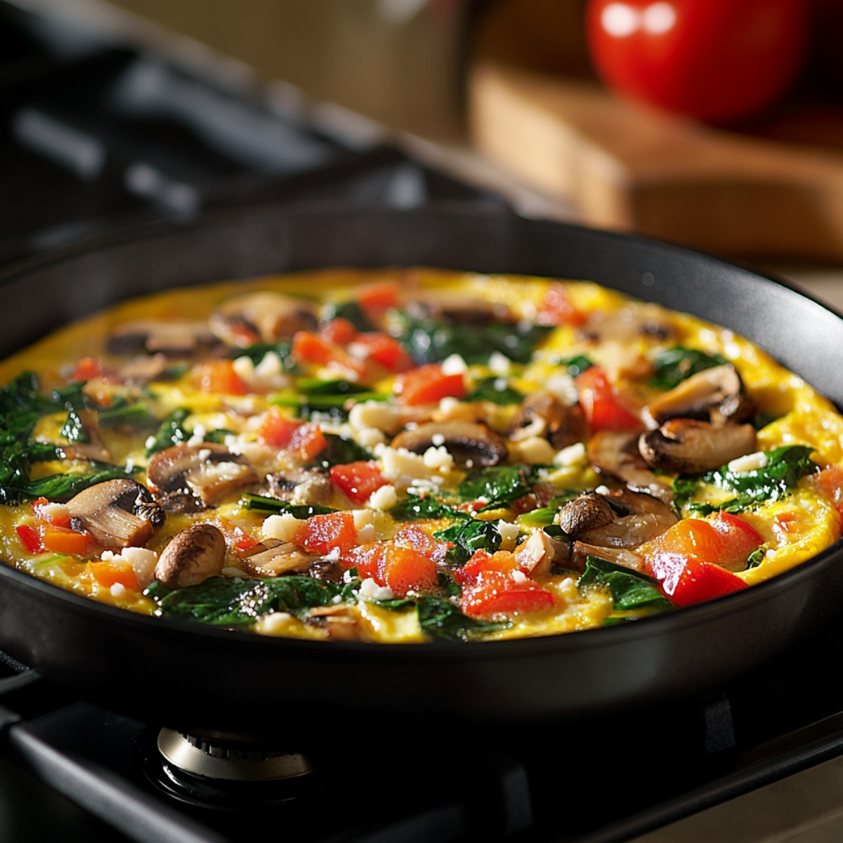 Vegetable frittata with mushrooms, spinach, tomatoes, and cheese cooking in a skillet on the stovetop.