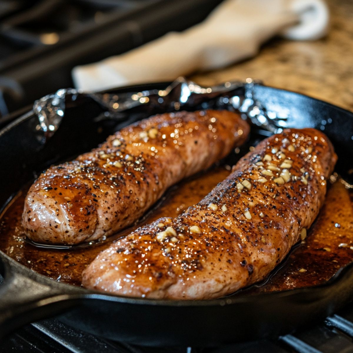Seared honey garlic pork tenderloins in a cast iron skillet, glazed with sauce and topped with garlic and pepper, resting on a stovetop.