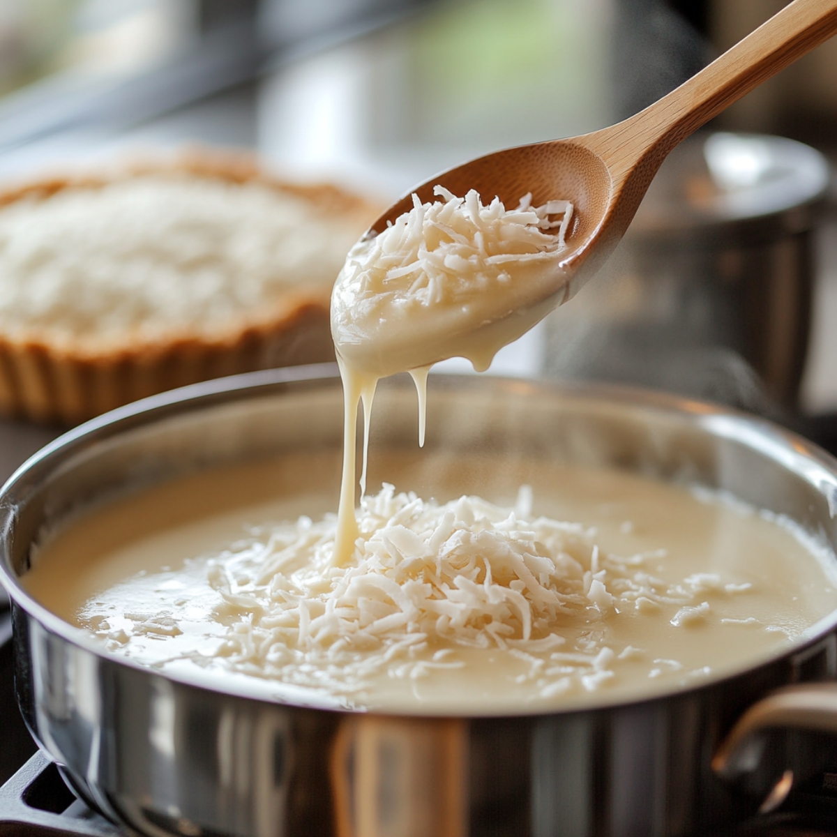 Thick coconut custard being stirred on the stove, with steam rising and shredded coconut just added.