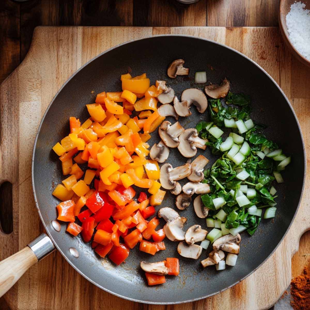 Chopped bell peppers, mushrooms, and greens cooking in a skillet on a wooden board.