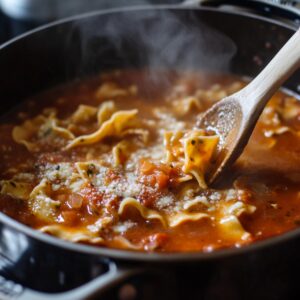 Simmering lasagna soup with broken noodles, tomato broth, and Parmesan, stirred with a wooden spoon in a black pot, steam rising.