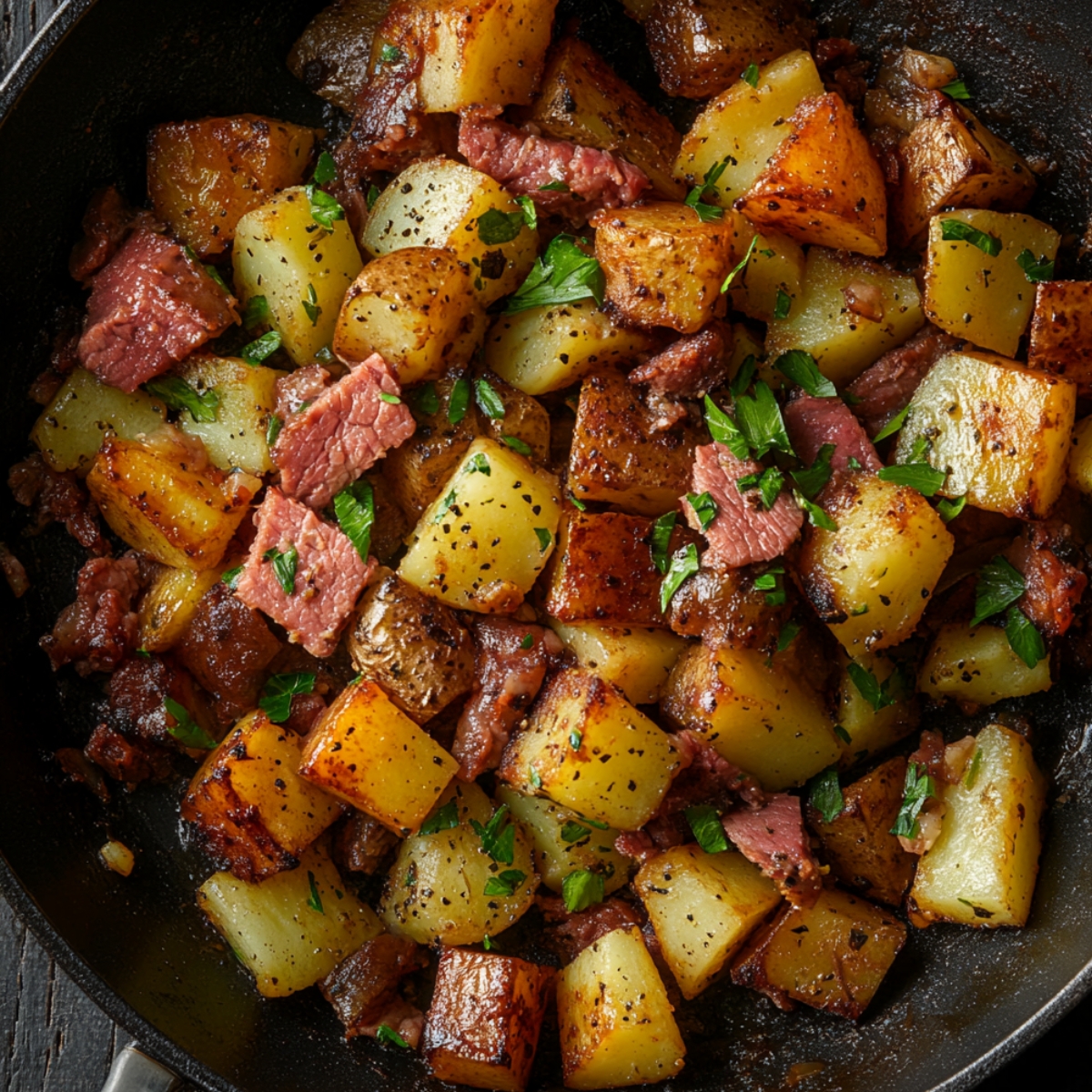 A homemade corned beef hash in a skillet, featuring crispy golden potatoes, tender chunks of corned beef, and a sprinkle of fresh parsley for a burst of color. The dish looks rustic and inviting, with a delicious, savory appeal.