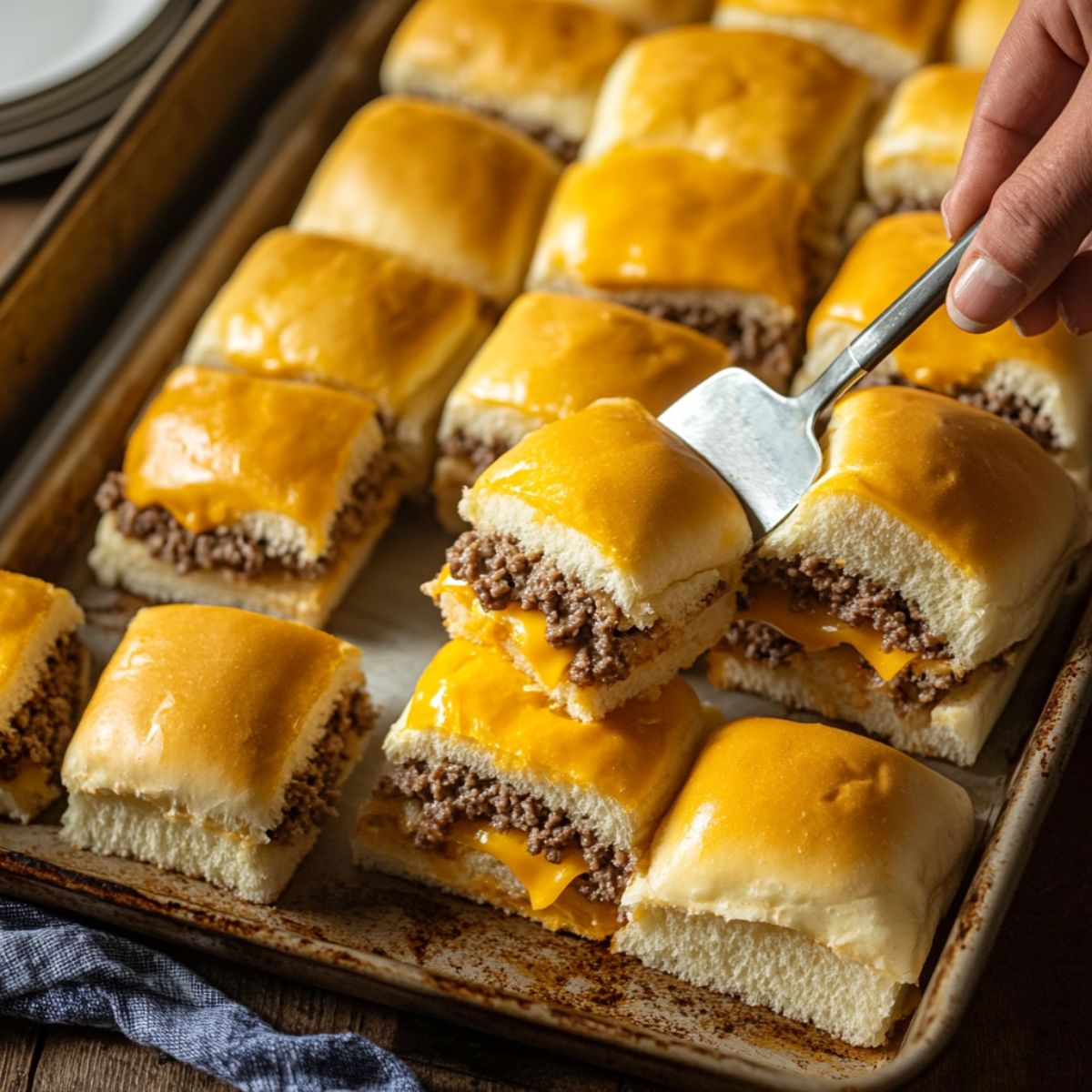 Cheeseburger sliders with melted cheddar on a baking tray, one being lifted with a spatula.
