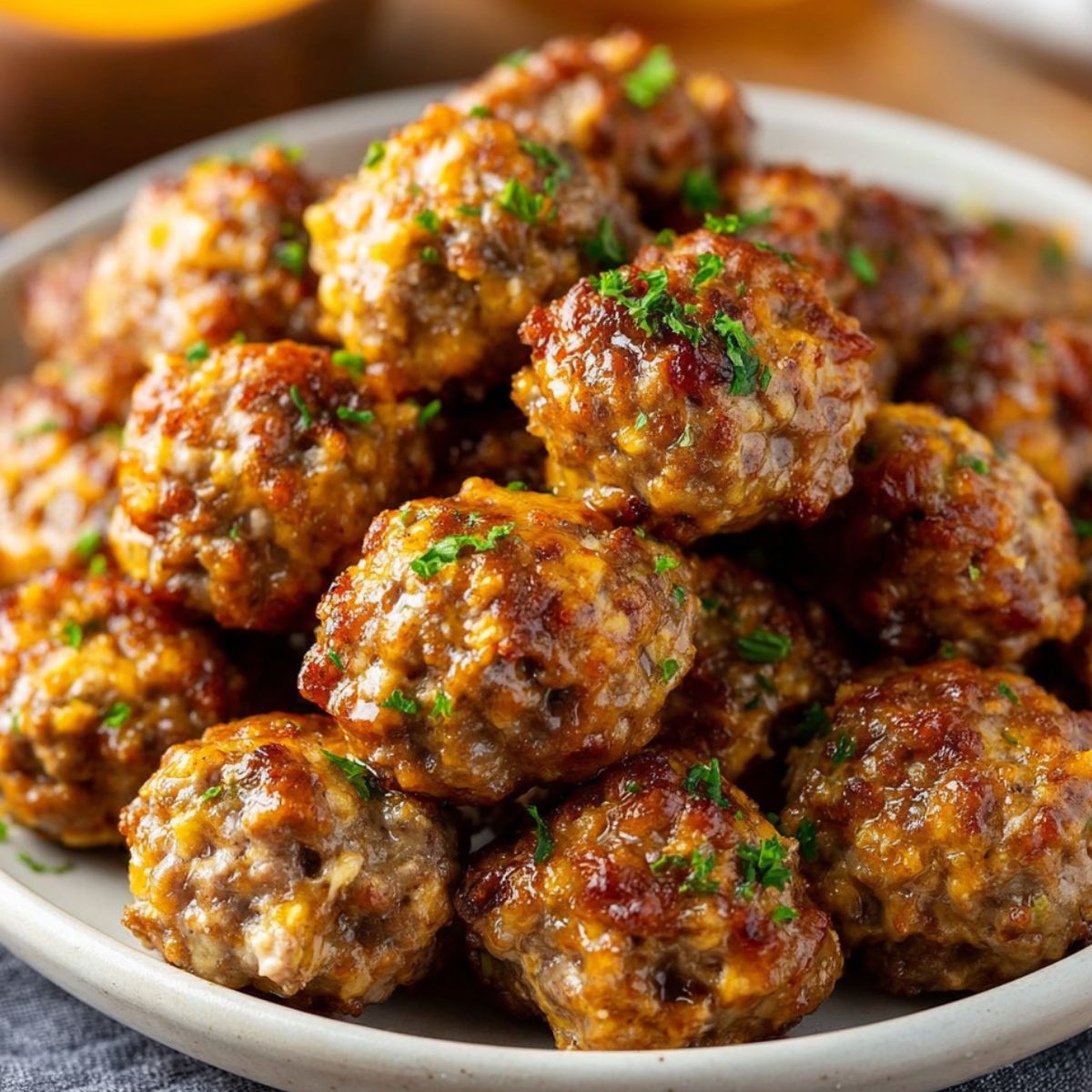 Freshly baked sausage balls piled on a white plate, golden brown with melted cheese and chopped parsley on top.