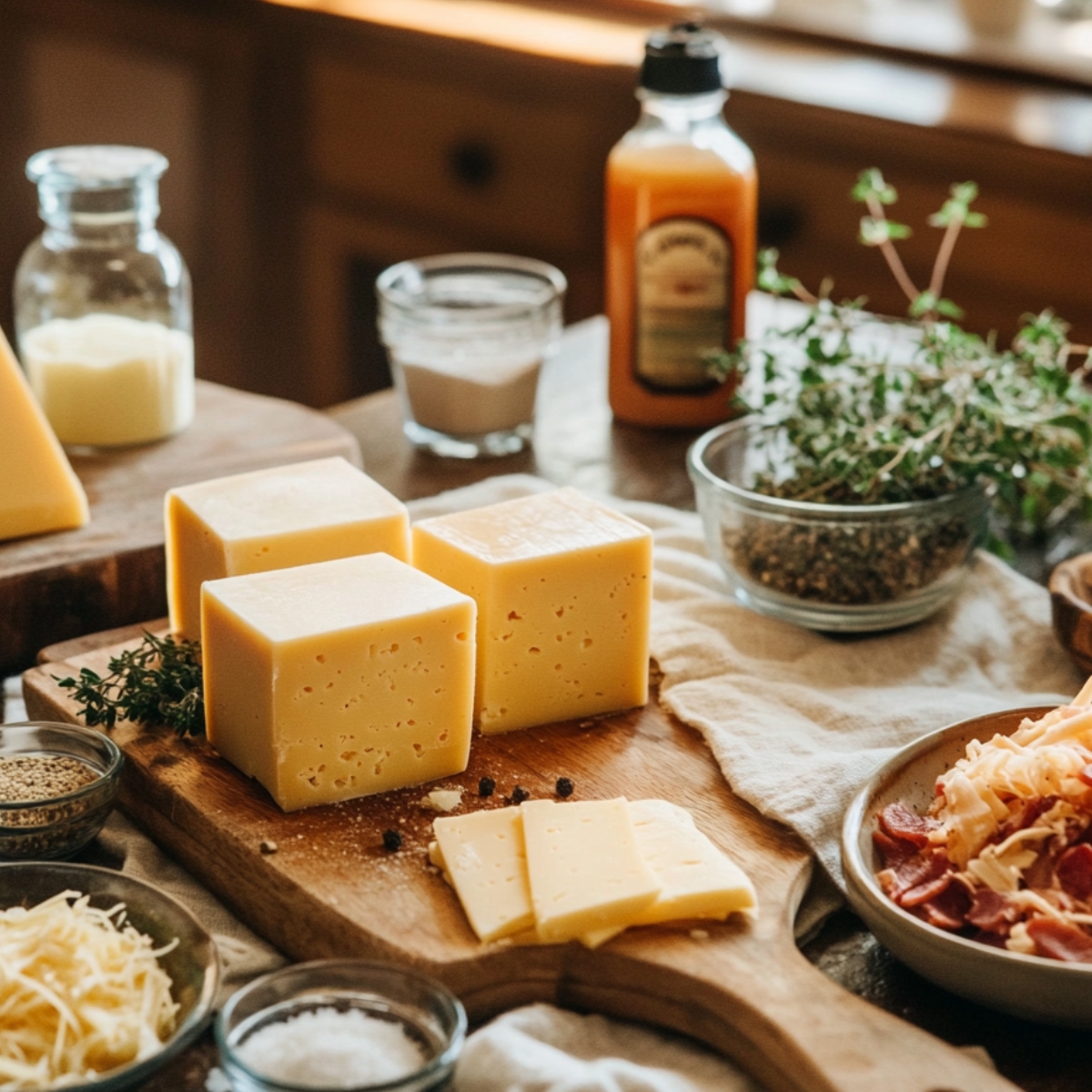 Cheddar cheese blocks, shredded cheese, herbs, spices, and hot sauce arranged on a rustic kitchen counter for broccoli cheddar soup.