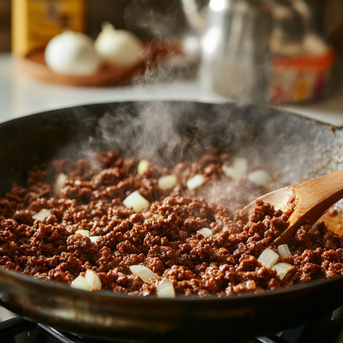 Ground beef and diced onions sizzling in a skillet, with steam rising and a wooden spoon stirring the mixture on a home kitchen stovetop.