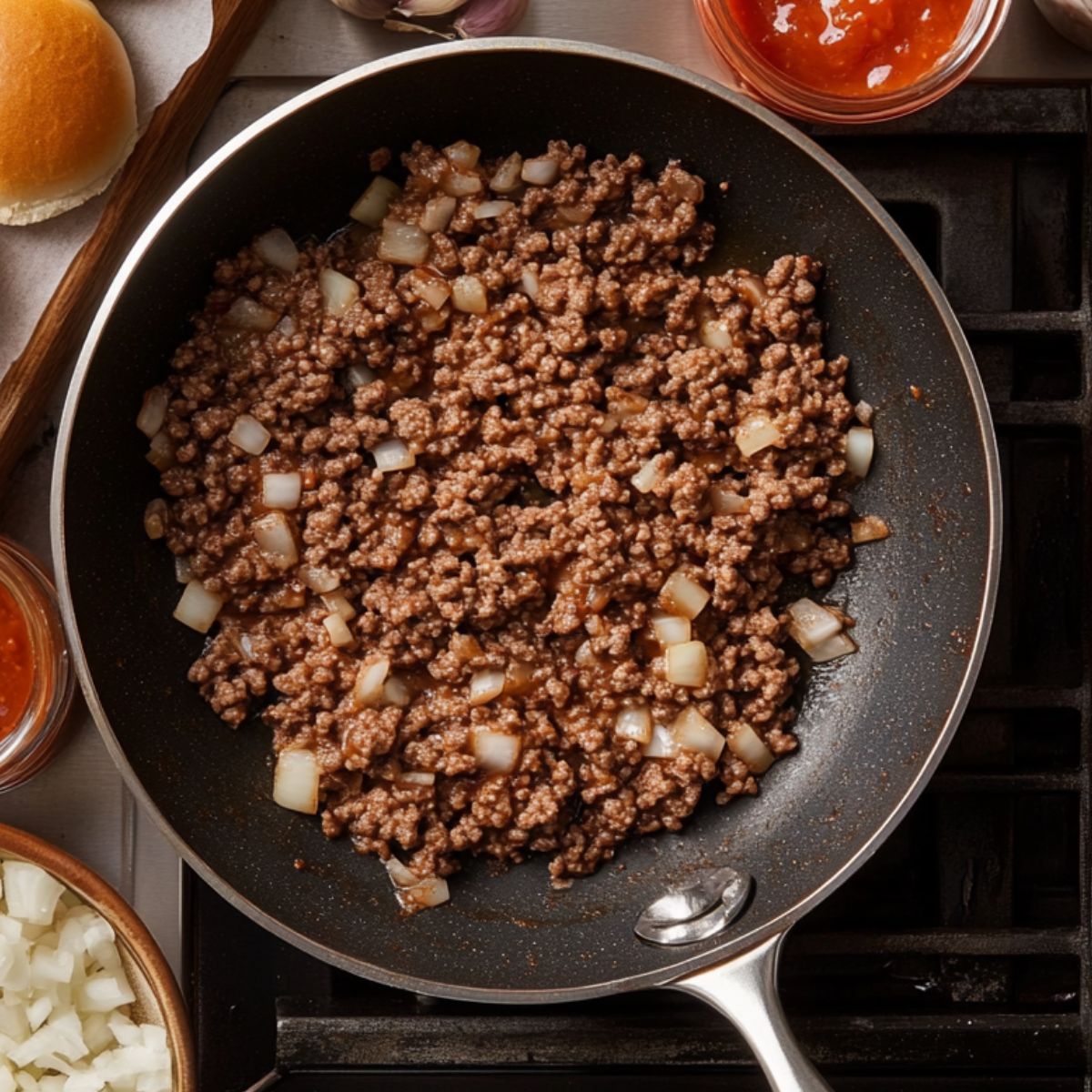 Ground beef and diced onions cooking in a skillet on the stove, surrounded by sauce, raw onions, and a slider bun.