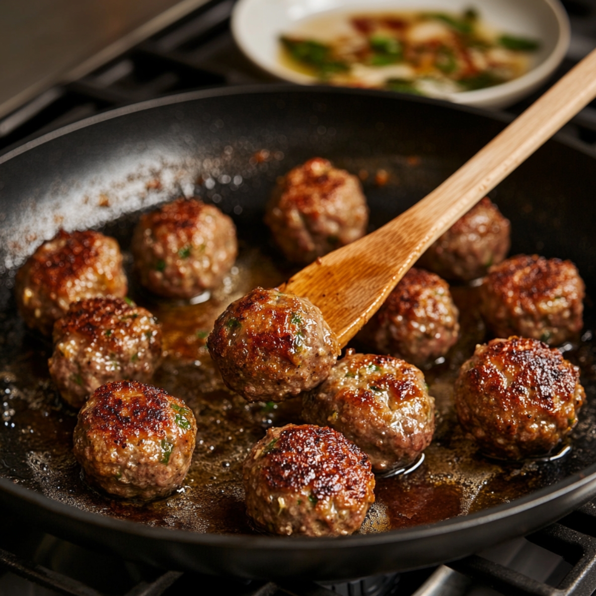 Swedish meatballs browning in a skillet with a wooden spatula lifting one, surrounded by sizzling oil.
