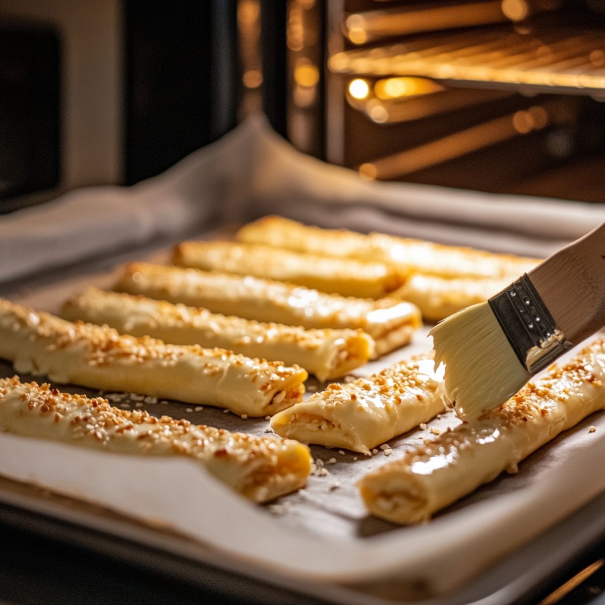 Unbaked cheesy taco sticks on a parchment-lined baking tray being brushed with egg wash, sprinkled with sesame seeds, just before going into a hot oven.
