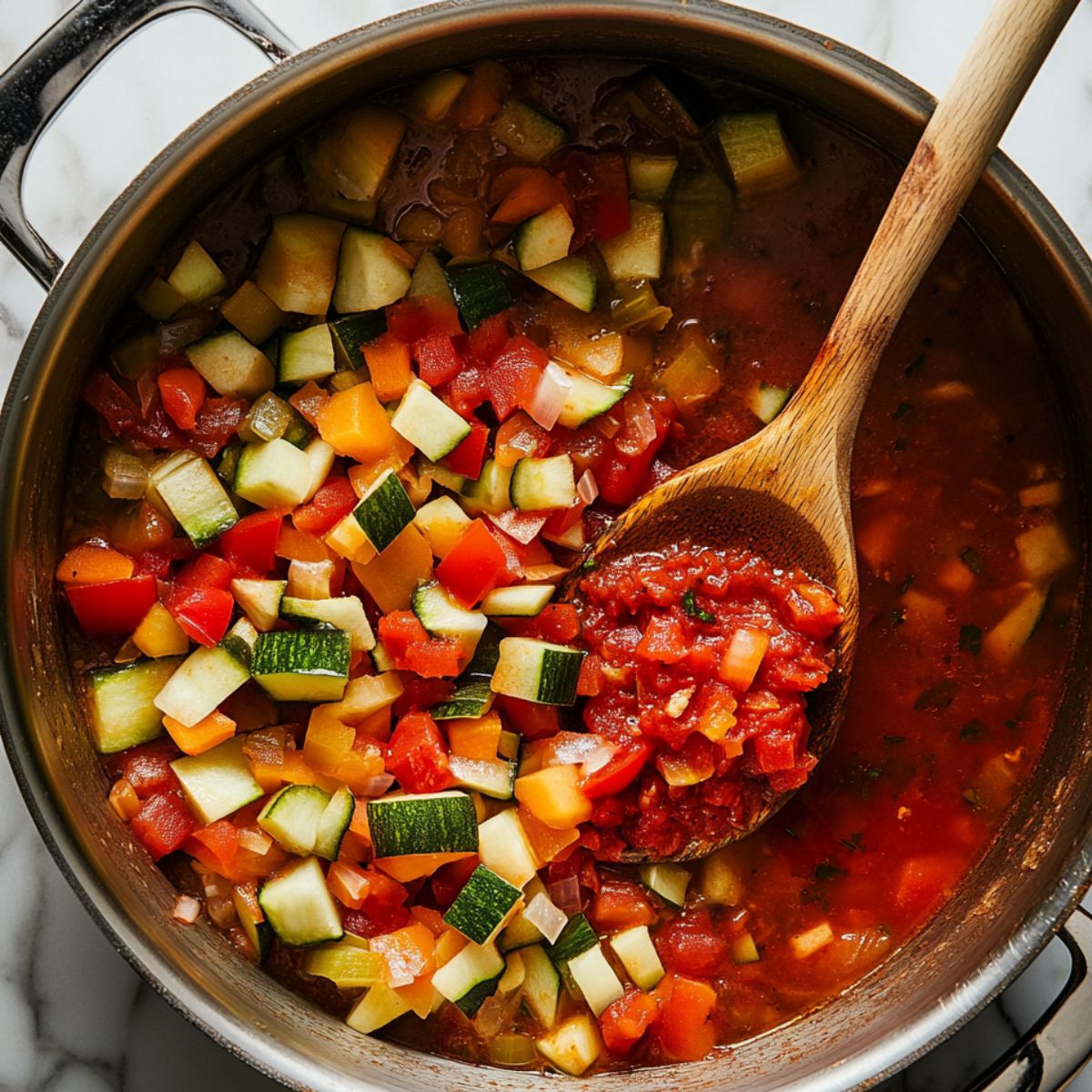 A pot of tomato soup with diced zucchini, carrots, peppers, and onions, stirred with a wooden spoon on a kitchen stovetop.