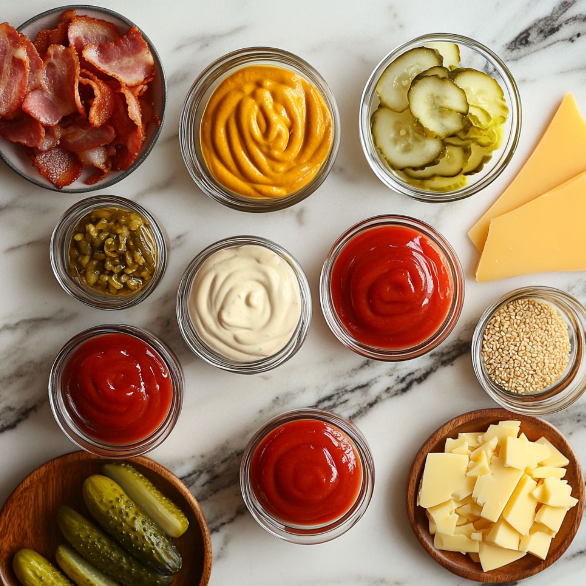 Top-down view of cheeseburger sliders toppings and sauces: ketchup, mustard, mayo, relish, pickles, bacon, cheese, and sesame seeds on a marble surface.