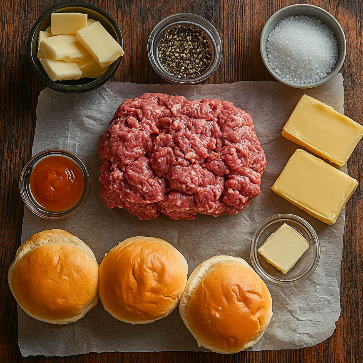 Top-down view of homemade cheeseburger sliders ingredients: ground beef, Hawaiian rolls, American cheese, butter, ketchup, salt, and pepper on a wooden surface.