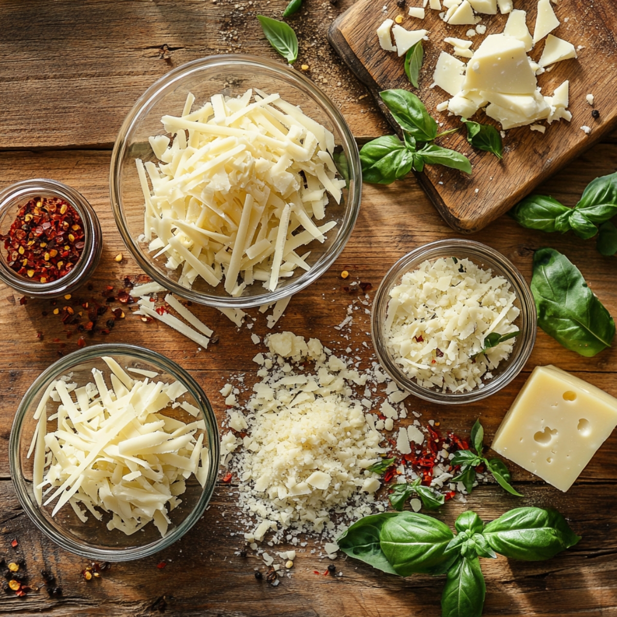 Shredded mozzarella, Parmesan, and other cheeses in glass bowls on a wooden surface with red pepper flakes and fresh basil—ingredients for homemade cheesy garlic bread.