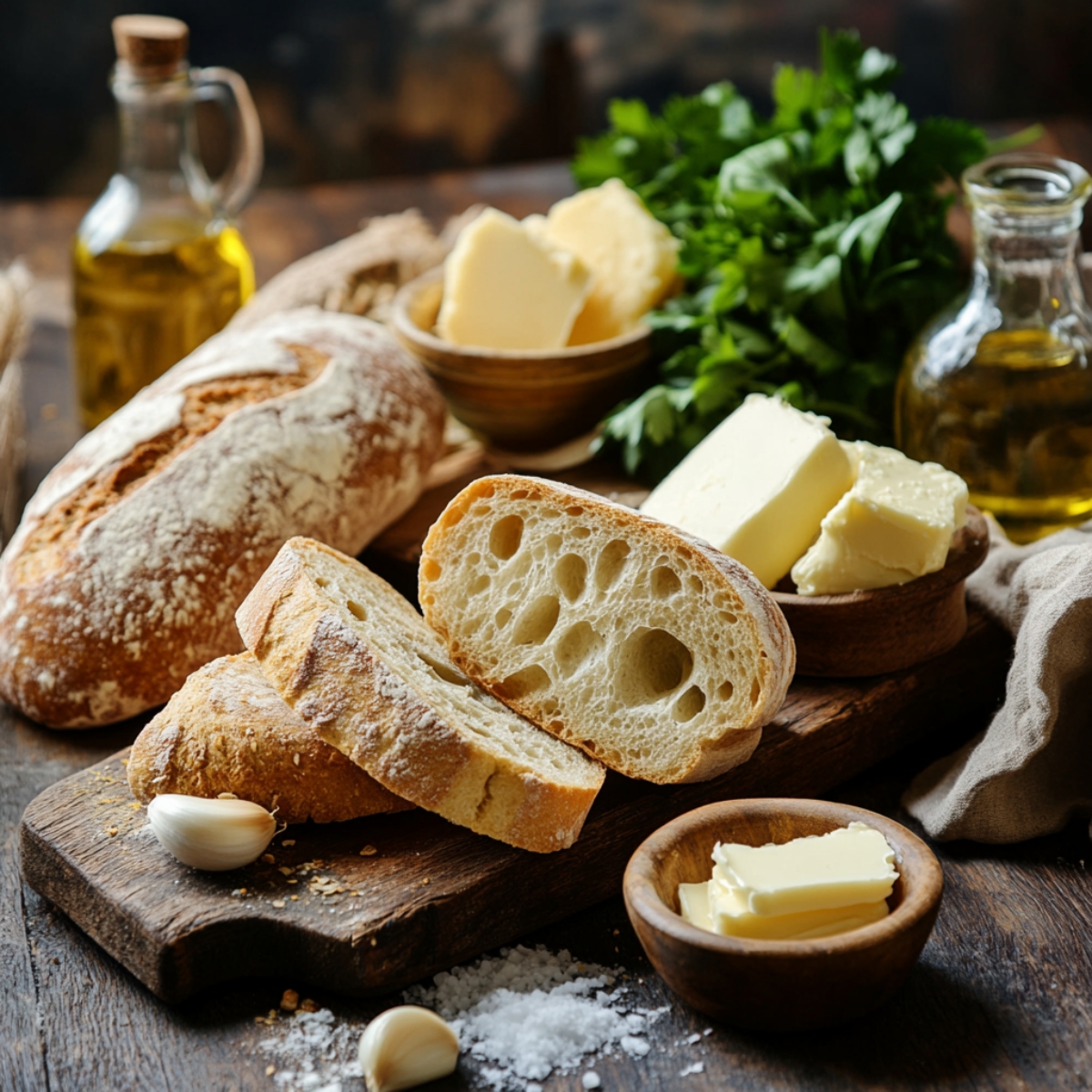 Rustic display of fresh bread, butter, garlic, parsley, olive oil, and sea salt—ingredients for homemade cheesy garlic bread.