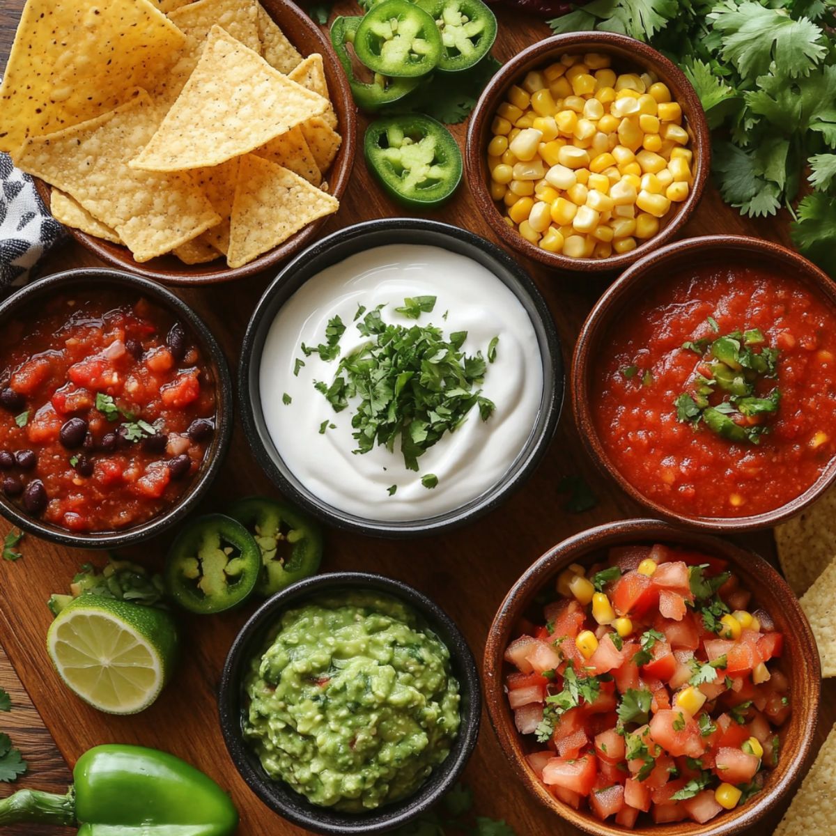 Bowls of homemade salsa, guacamole, sour cream, and black bean dip surrounded by tortilla chips, corn, fresh jalapeño slices, lime, and cilantro on a wooden board.