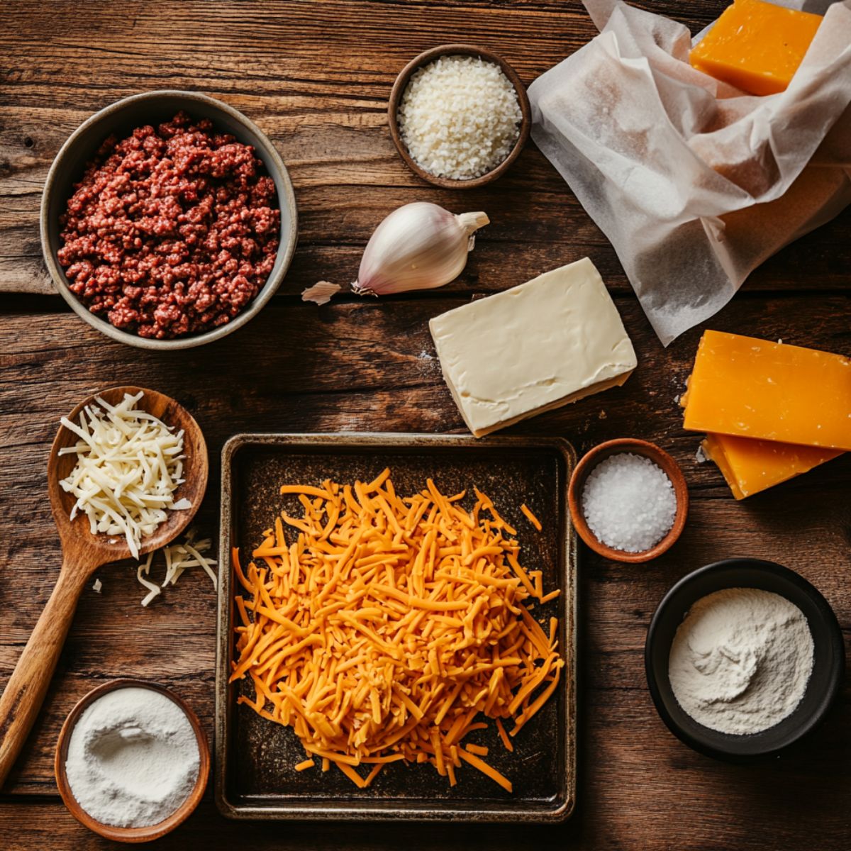 Ingredients for cheesy taco sticks on a wooden table: ground beef, shredded cheddar, cream cheese, diced onion, garlic, salt, flour, and cheese blocks.