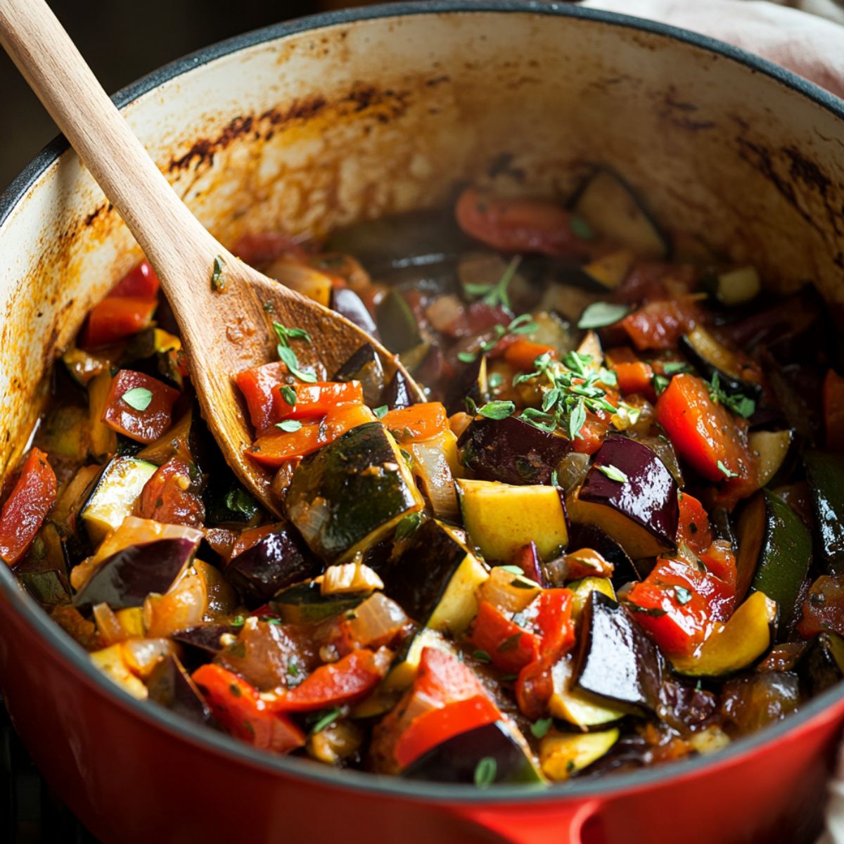 Homemade ratatouille simmering in a red Dutch oven, with tender chunks of eggplant, zucchini, tomatoes, and peppers gently folded together in a rich tomato base, garnished with fresh herbs.