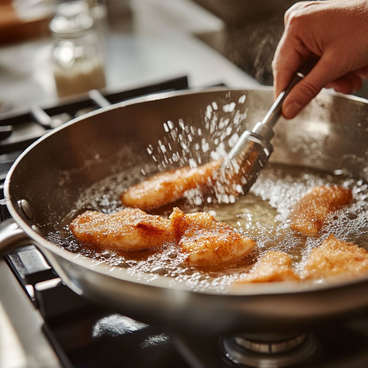 Golden battered fish pieces frying in hot oil in a skillet, with a hand flipping them using tongs.