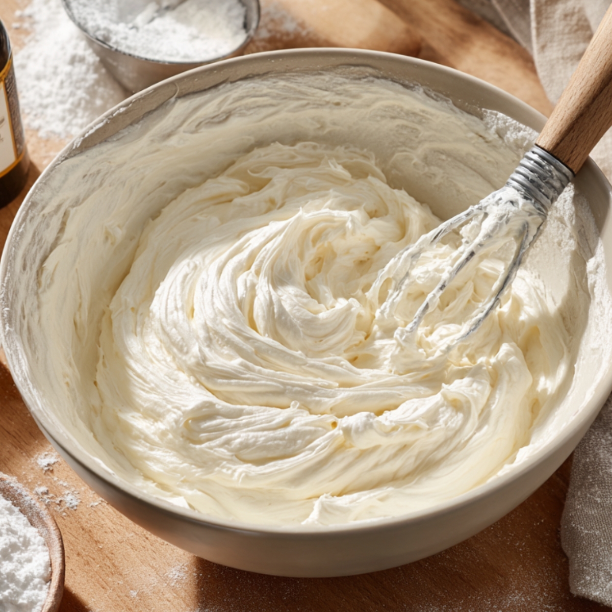Smooth cream cheese frosting in a mixing bowl with a whisk, surrounded by powdered sugar and vanilla on a wooden kitchen surface.