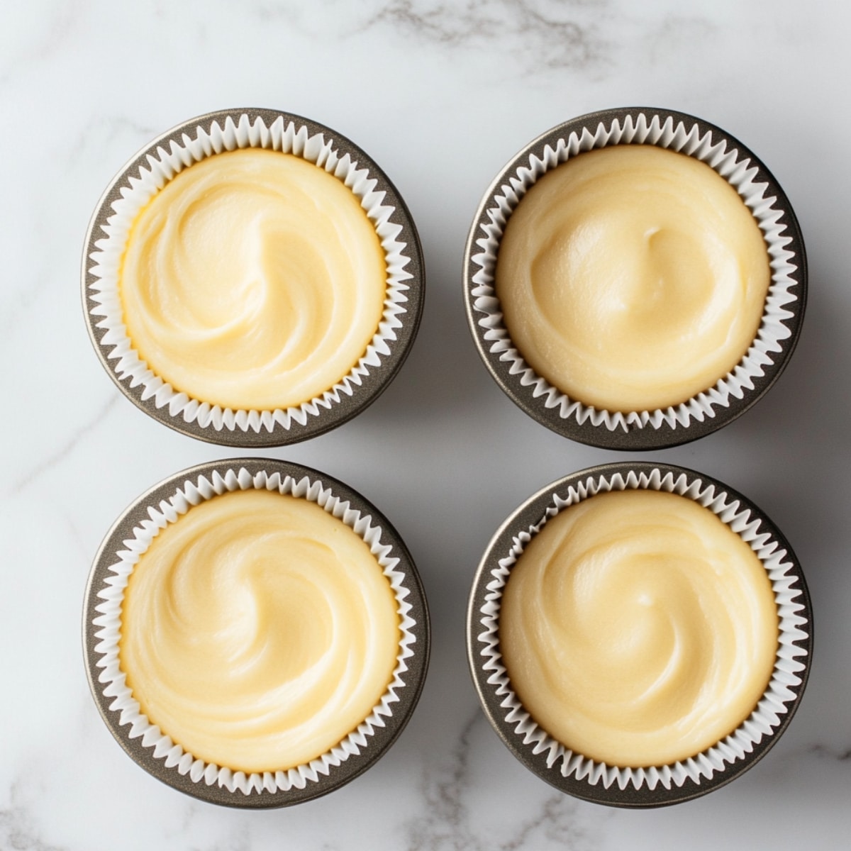 Four unbaked lemon cupcakes in a dark non-stick muffin tin, each filled with smooth, swirled yellow batter in white paper liners on a marble countertop.