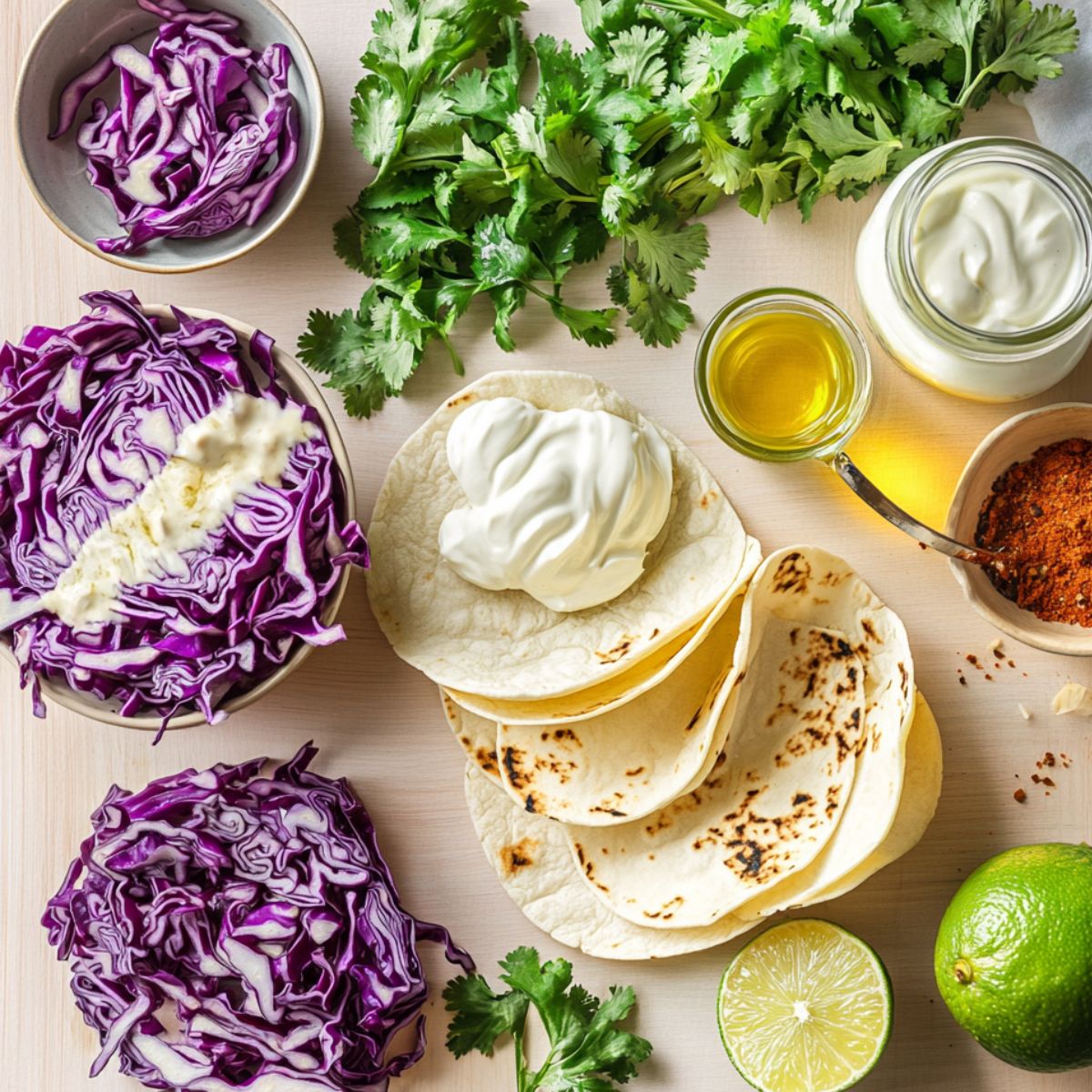 Fresh fish taco ingredients including shredded purple cabbage, cilantro, grilled tortillas with sour cream, lime, olive oil, mayo, and taco seasoning on a light wooden surface.