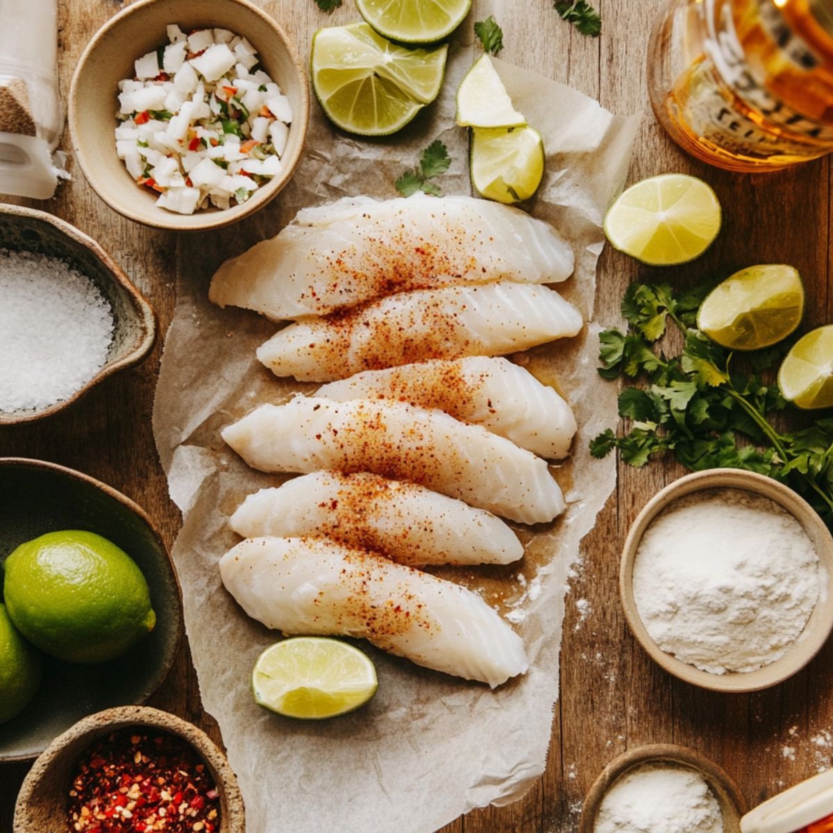 Raw white fish fillets seasoned with chili powder, surrounded by lime wedges, flour, cilantro, and taco ingredients on a rustic wooden surface.