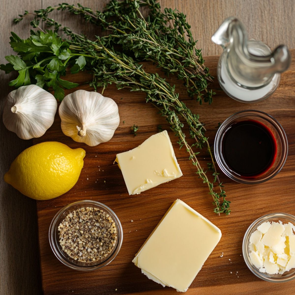 Garlic, thyme, parsley, lemon, butter, Parmesan, pepper, Worcestershire sauce, and cream on a wooden board — fresh garlic butter steak bite ingredients.