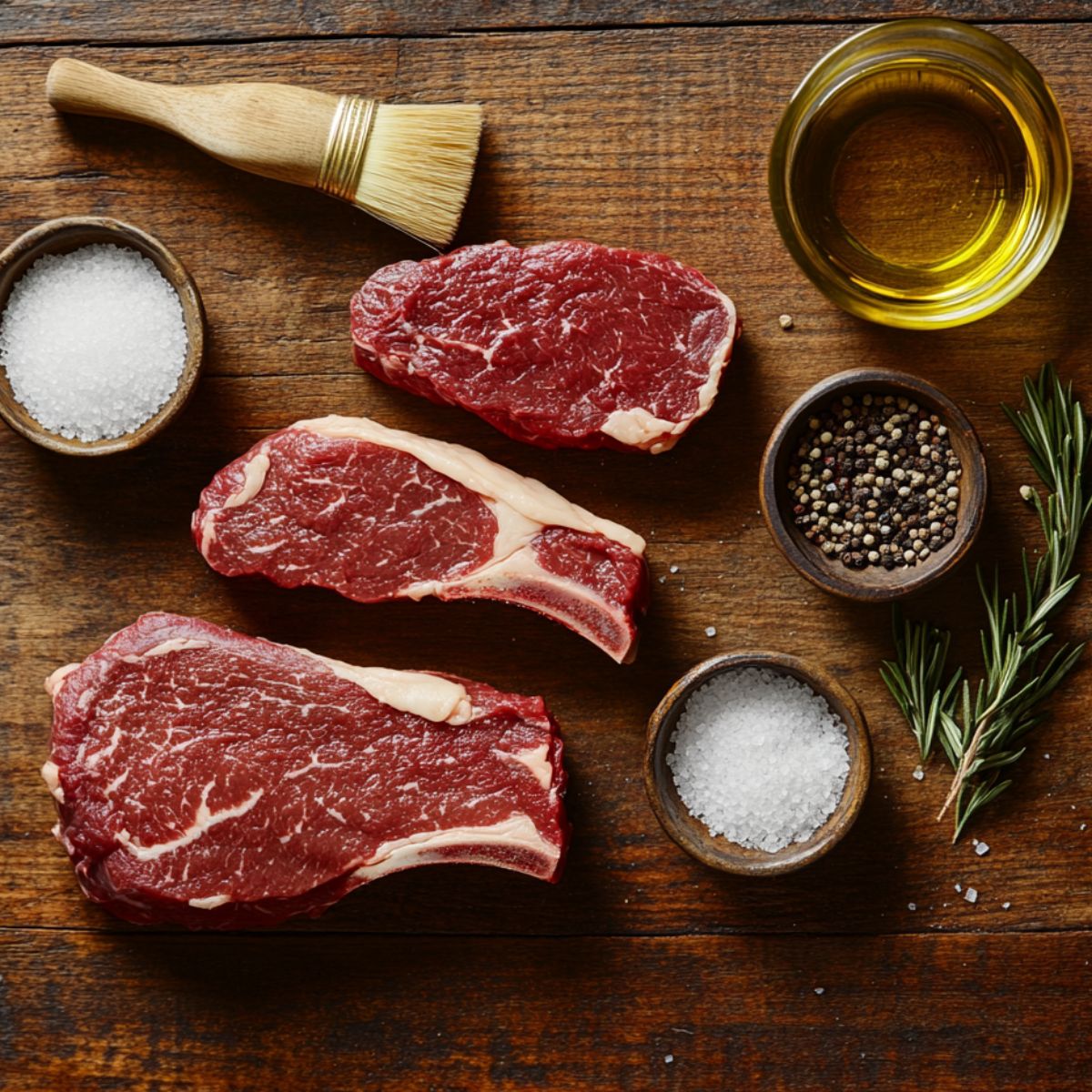 Raw sirloin, ribeye, and strip steaks on a wooden counter with bowls of salt, pepper, olive oil, rosemary, and a basting brush — ready for homemade garlic butter steak bites.
