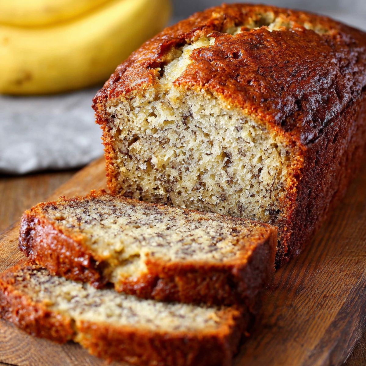 Homemade Banana Bread Recipe loaf with a golden-brown crust and two moist slices cut on a wooden board, with ripe bananas in the background.