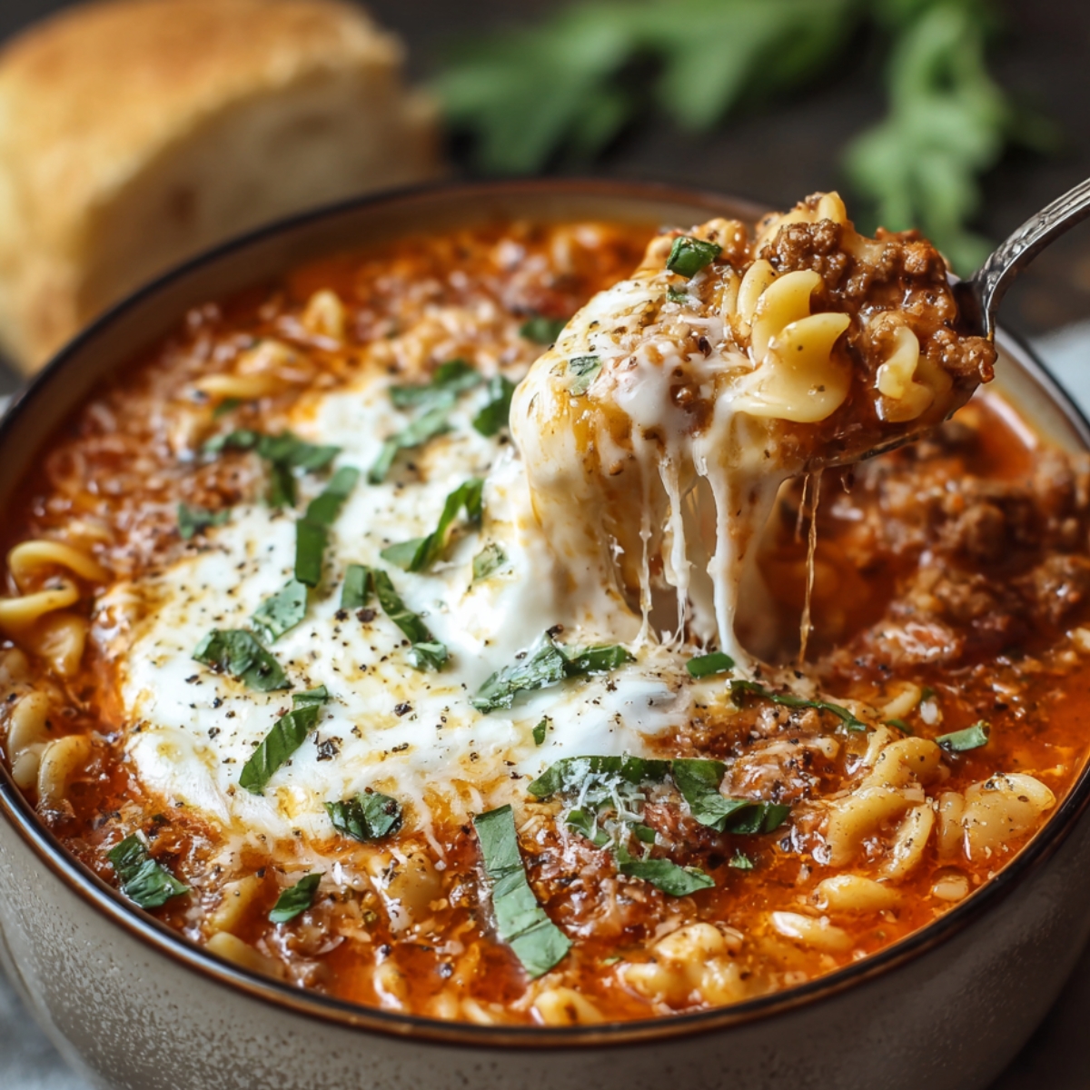 Homemade Lasagna Soup Recipe in a rustic bowl with curly pasta, ground beef, rich tomato broth, melted mozzarella, fresh basil, and a spoon lifting a cheesy bite, served with crusty bread in the background.