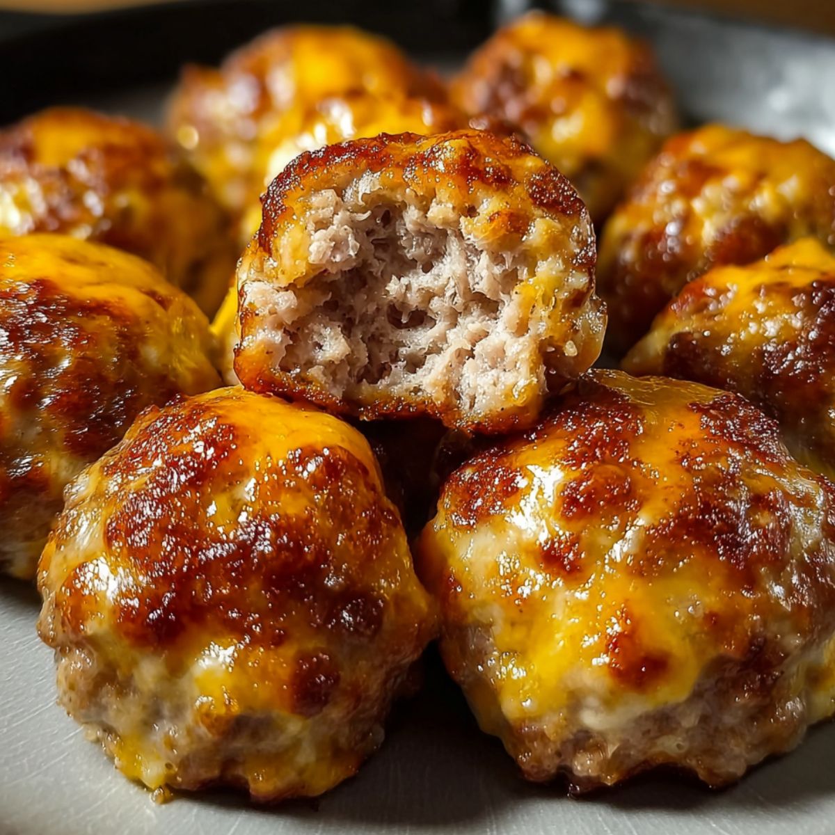 Homemade sausage balls on a plate, golden-brown with melted cheddar on top, one showing a tender, juicy inside from a bite.