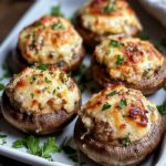 Homemade stuffed mushrooms filled with a creamy cheese and sausage mixture, topped with golden melted cheese and garnished with fresh parsley on a white serving platter.