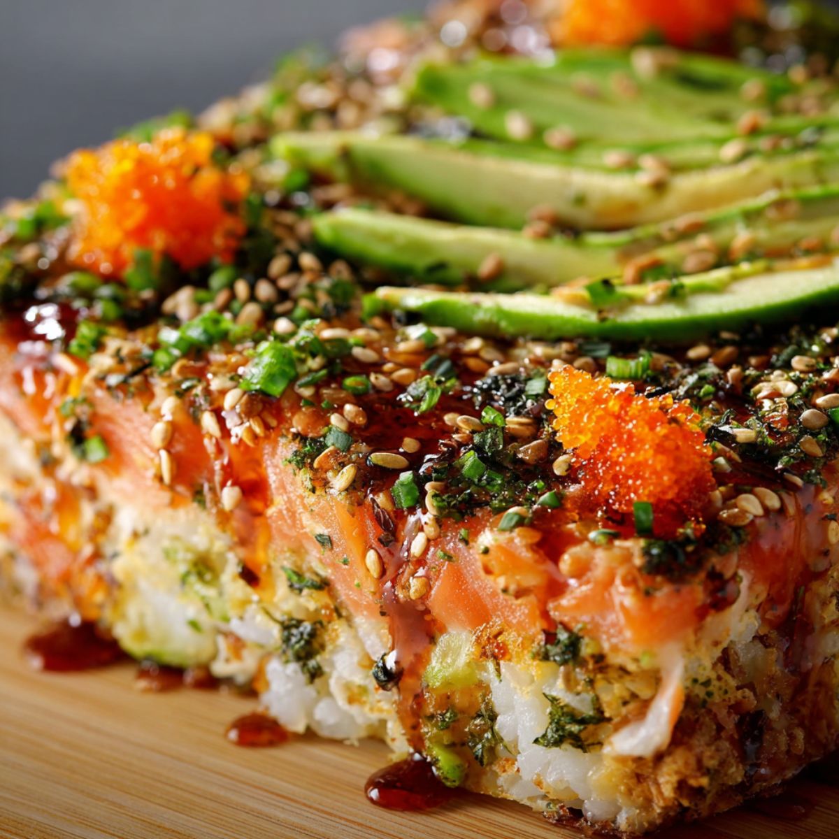 A homemade sushi bake slice on a wooden board, with layers of sushi rice and creamy seafood, topped with avocado, sesame seeds, furikake, sweet soy glaze, and bright orange masago.