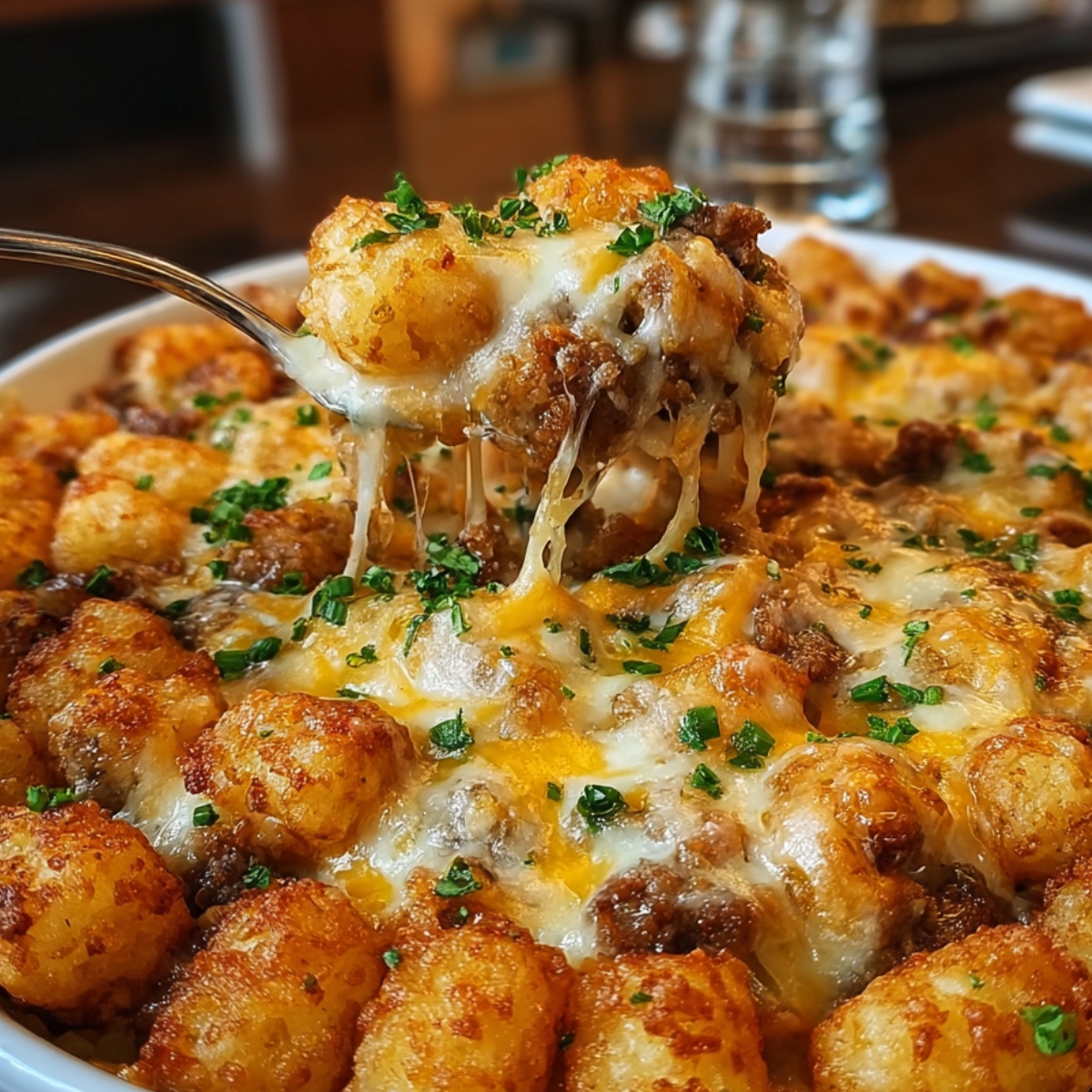 Homemade Tater Tot Casserole in a white dish with crispy golden tots, melted cheese, ground beef, and fresh parsley, with a spoon lifting a cheesy serving in a cozy kitchen setting.