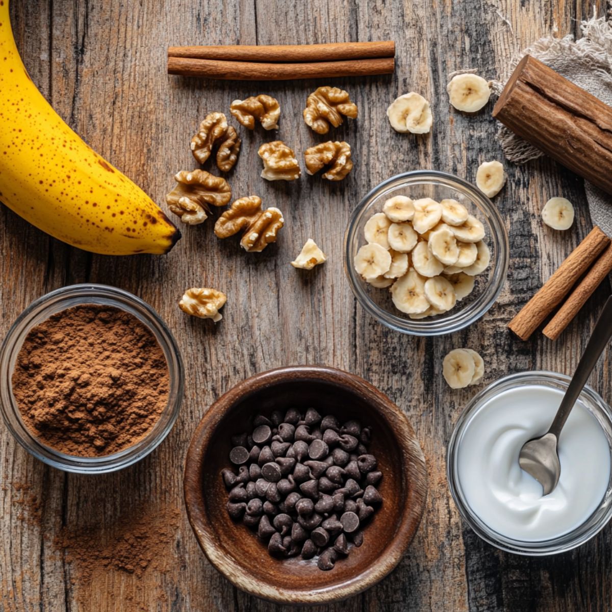 Banana bread add-ins on a wooden surface, including walnuts, chocolate chips, cinnamon, banana slices, cocoa powder, and Greek yogurt.