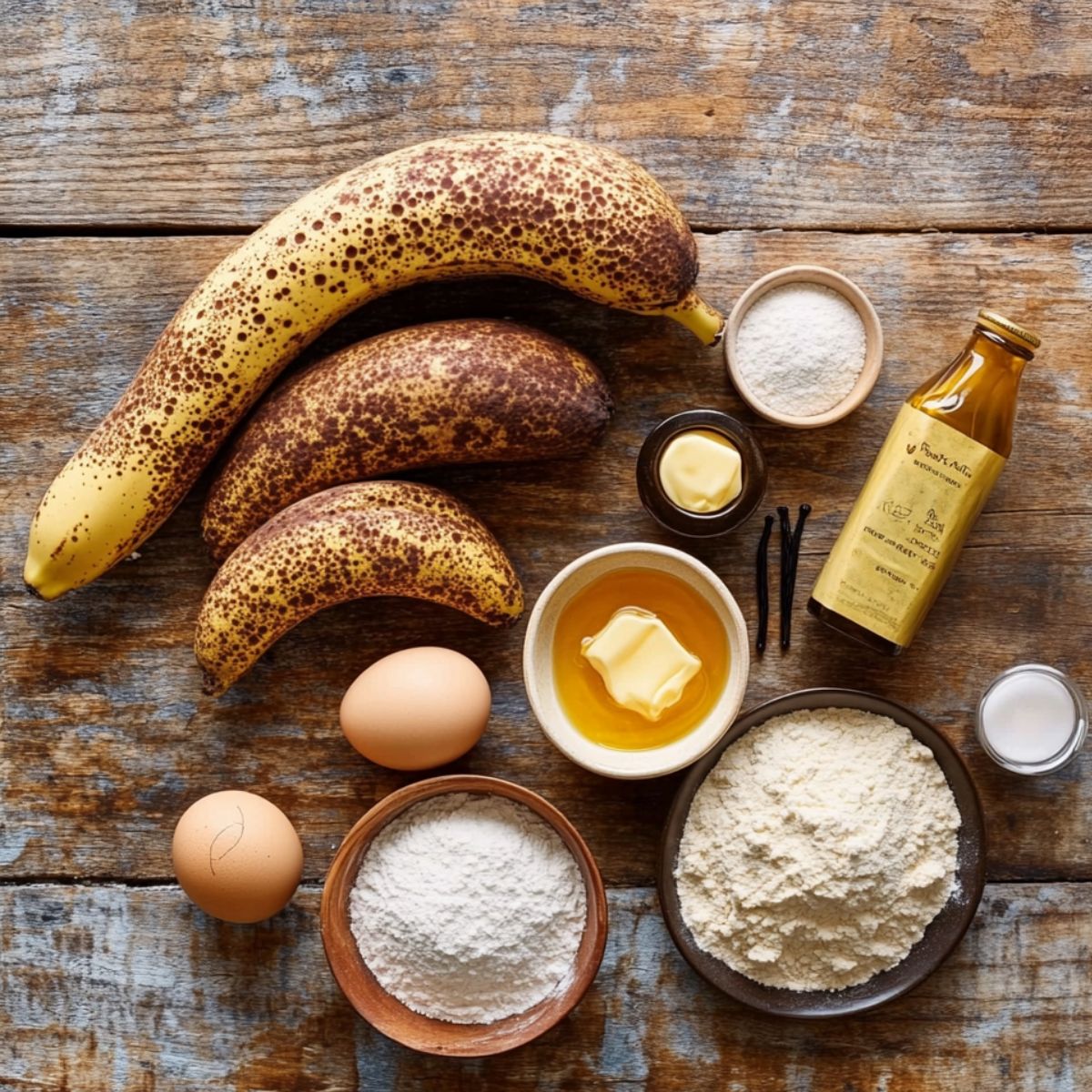 Banana bread ingredients on a rustic wooden surface, including ripe bananas, eggs, flour, butter, sugar, vanilla, and milk, all arranged for baking.