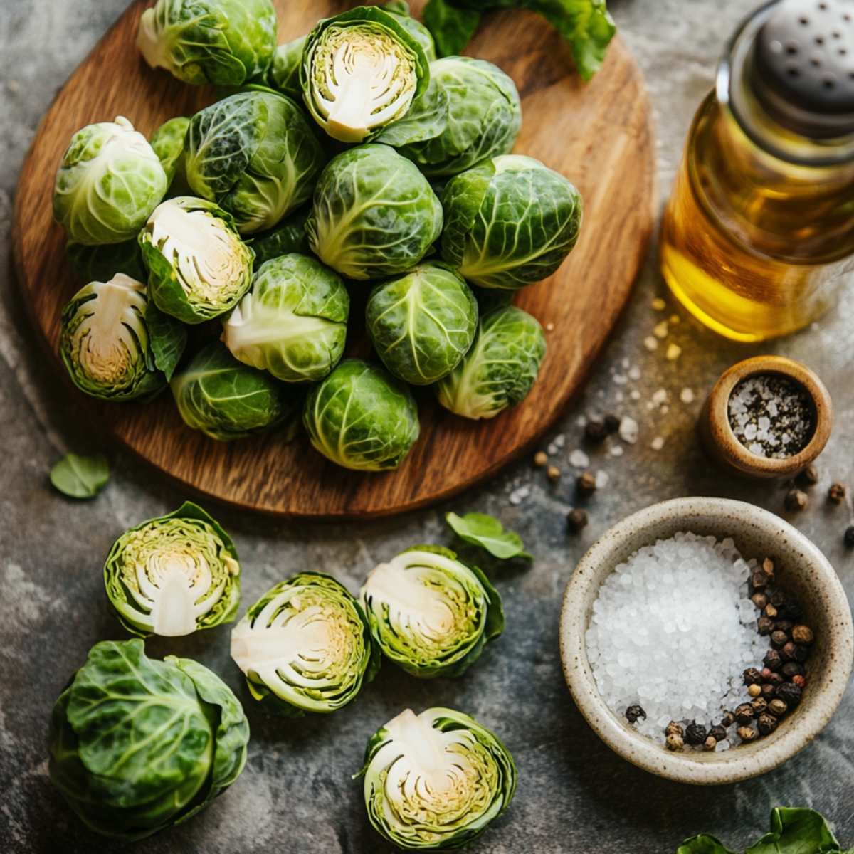 Fresh Brussels sprouts, halved and whole, on a wooden board with olive oil, sea salt, and black pepper on a stone countertop, styled in a cozy homemade kitchen setting.