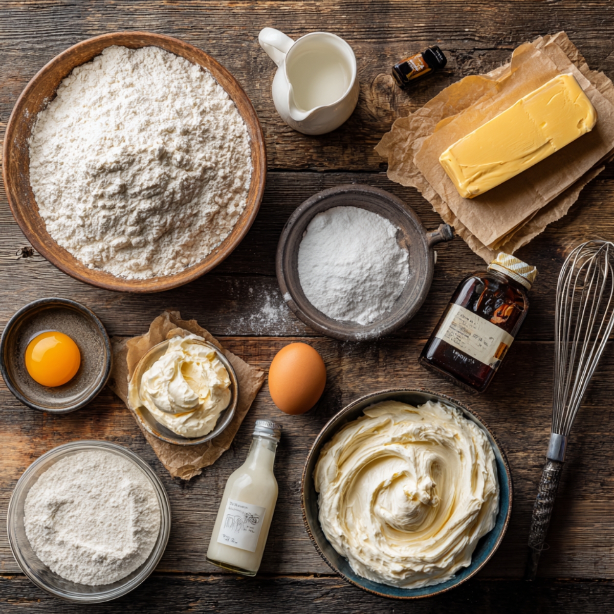 Baking ingredients for homemade fruit pizza sugar cookies on a wooden table, including flour, butter, eggs, cream cheese, powdered sugar, vanilla, and cream.