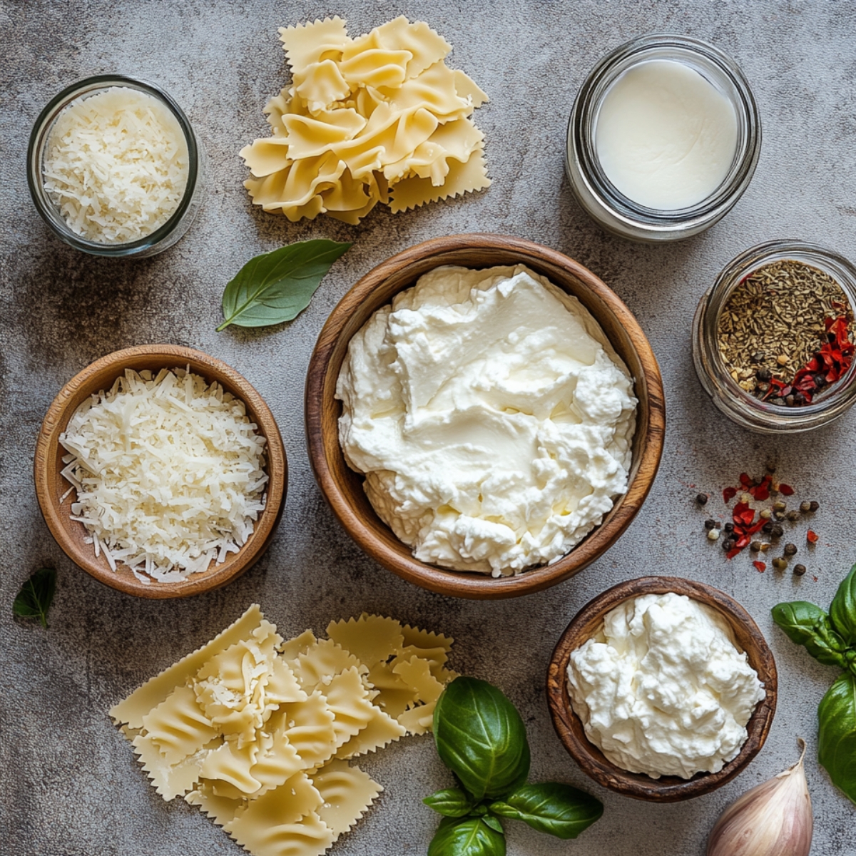 Lasagna soup ingredients including ricotta, Parmesan, bowtie pasta, cream, herbs, and basil arranged on a stone surface.
