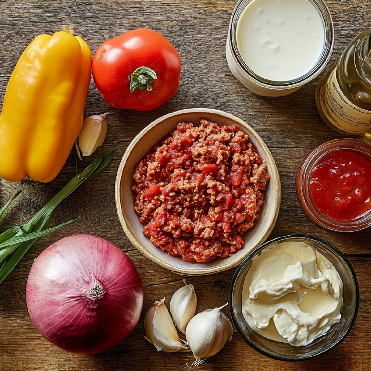 Flat-lay of lasagna soup ingredients on a wooden surface, including ground meat, vegetables, garlic, cream, and seasonings.