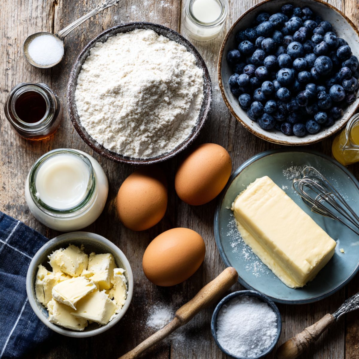 Lemon blueberry cake ingredients on a rustic wooden surface, including flour, blueberries, eggs, butter, buttermilk, sugar, vanilla, and salt.