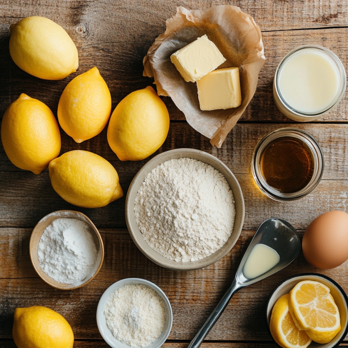 Fresh ingredients for homemade lemon cupcakes, including lemons, flour, butter, milk, sugar, egg, and vanilla, arranged on a rustic wooden surface.