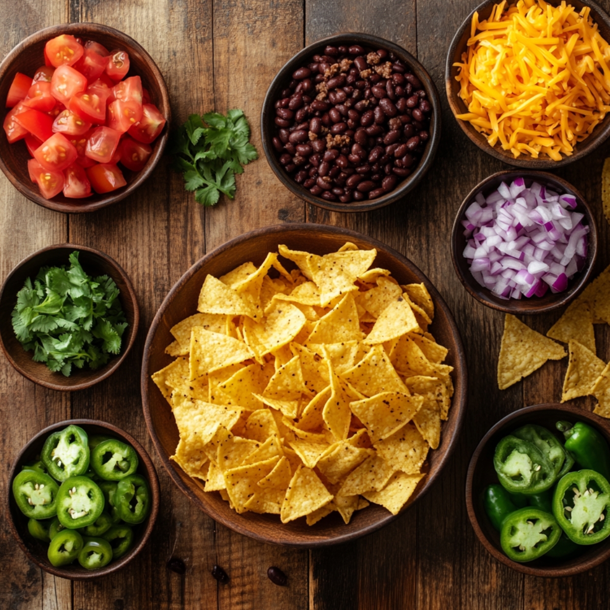Fresh nacho ingredients in wooden bowls, including tortilla chips, shredded cheese, black beans, diced tomatoes, red onion, jalapeños, and cilantro on a rustic wooden table.