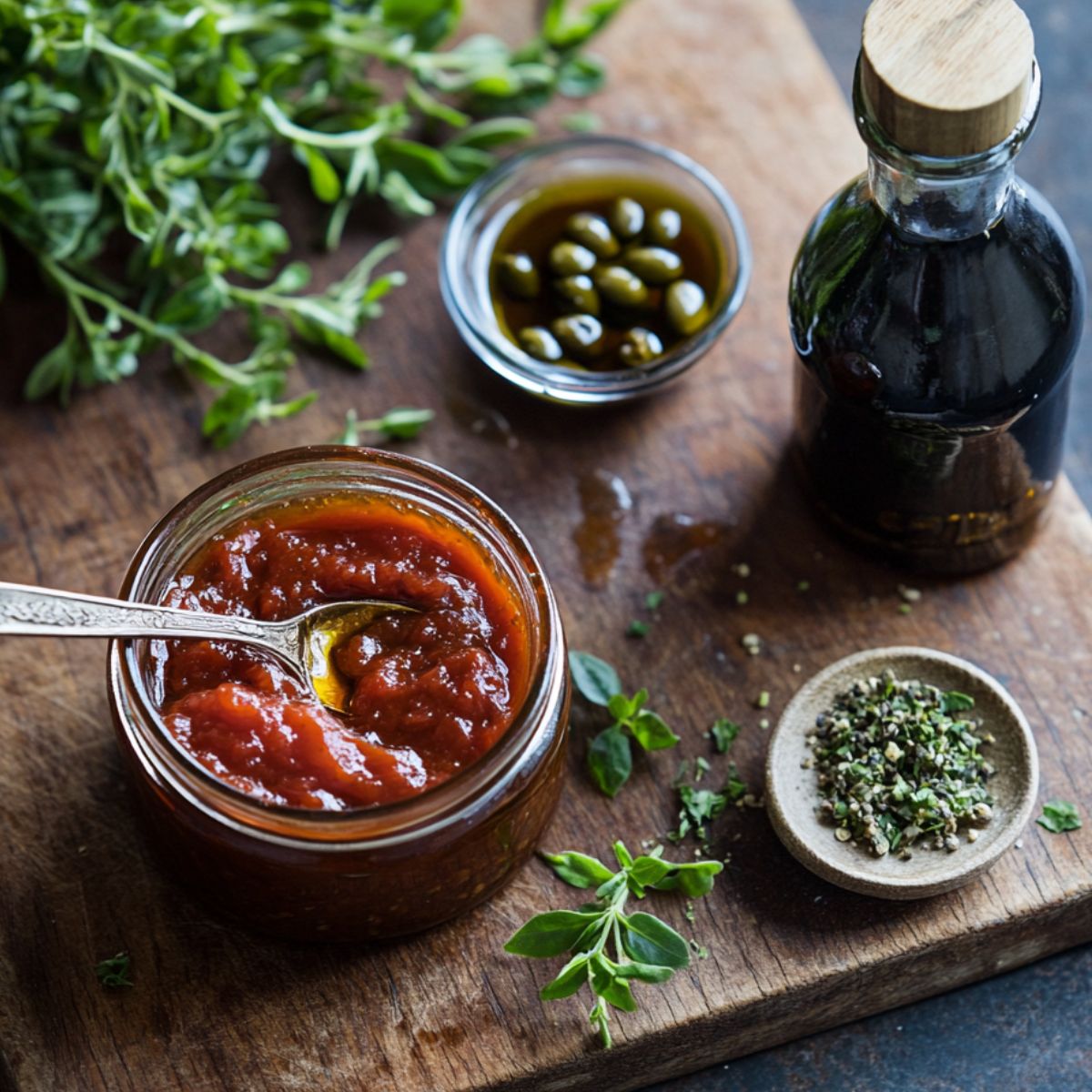 Optional ratatouille ingredients on a wooden board: a jar of thick tomato paste with a spoon, a glass bowl of capers in olive oil, a bottle of balsamic vinegar, chopped herbs, and fresh oregano sprigs.