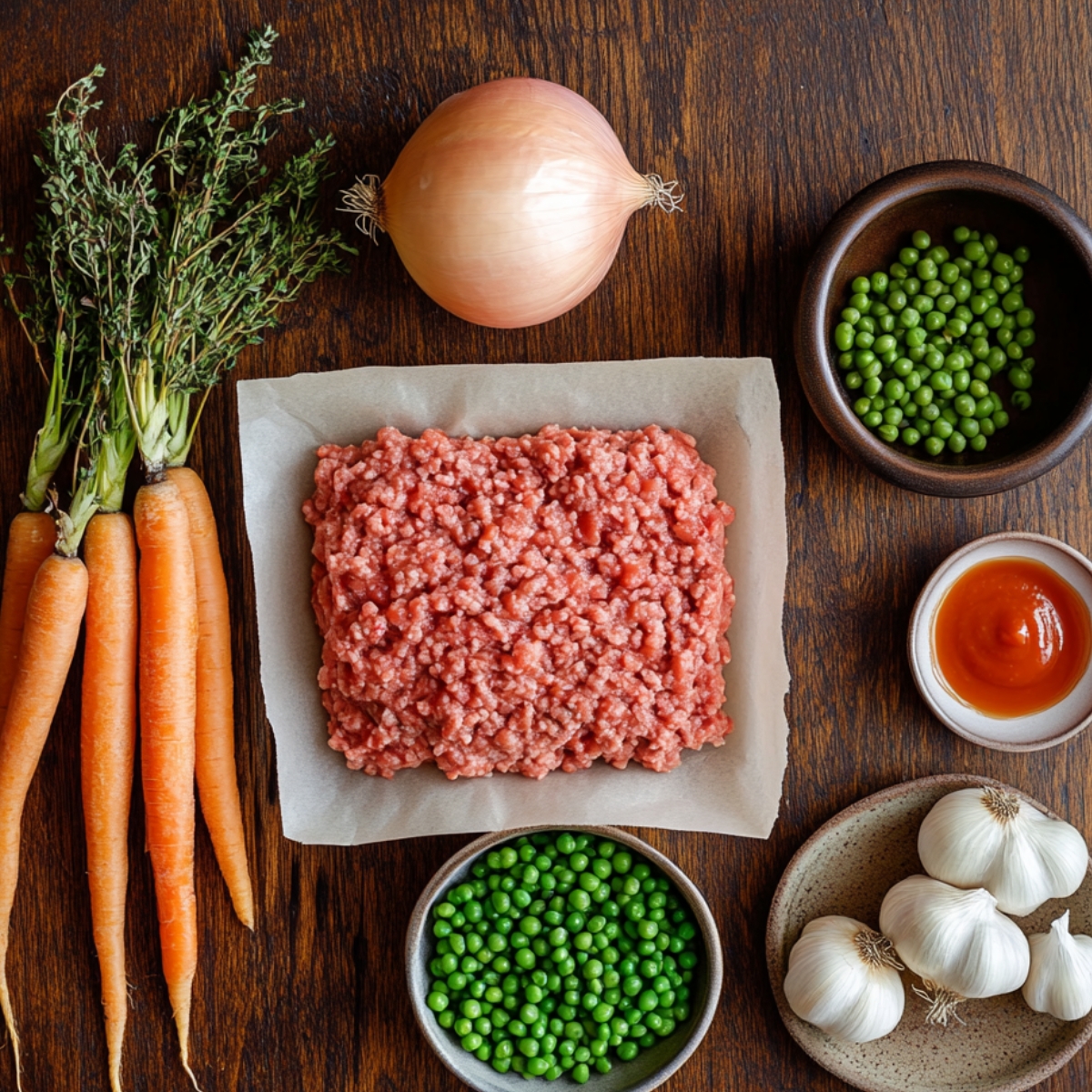 Fresh shepherd’s pie ingredients on a wooden table, including ground lamb, carrots, peas, onion, garlic, tomato paste, and thyme.
