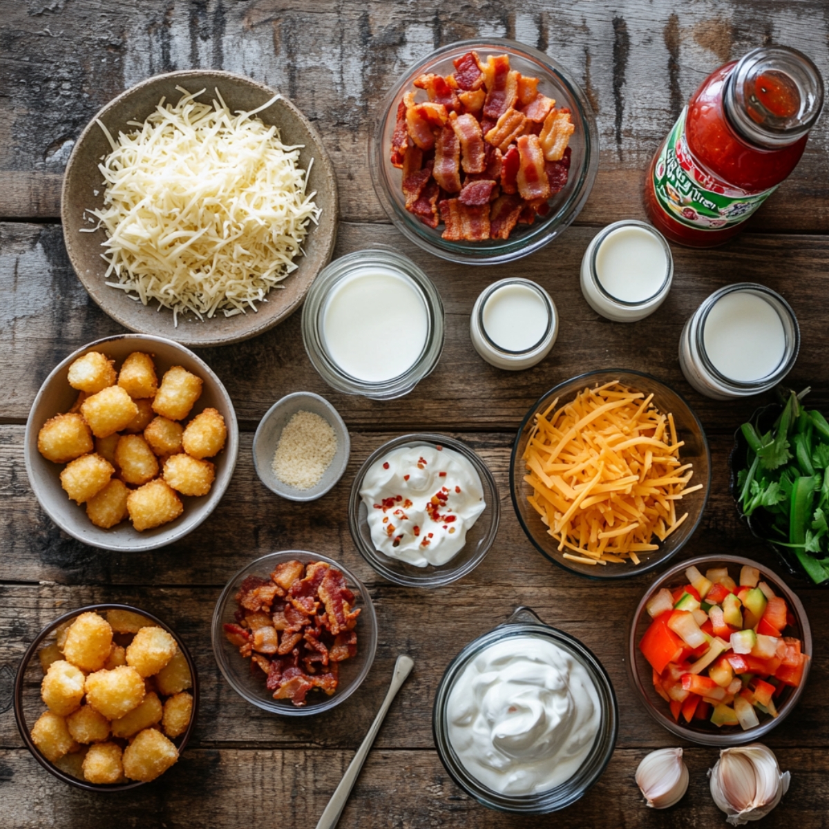 Loaded tater tot casserole ingredients on a wooden table, including bacon, shredded cheeses, sour cream, tater tots, milk, chopped vegetables, and green onions.
