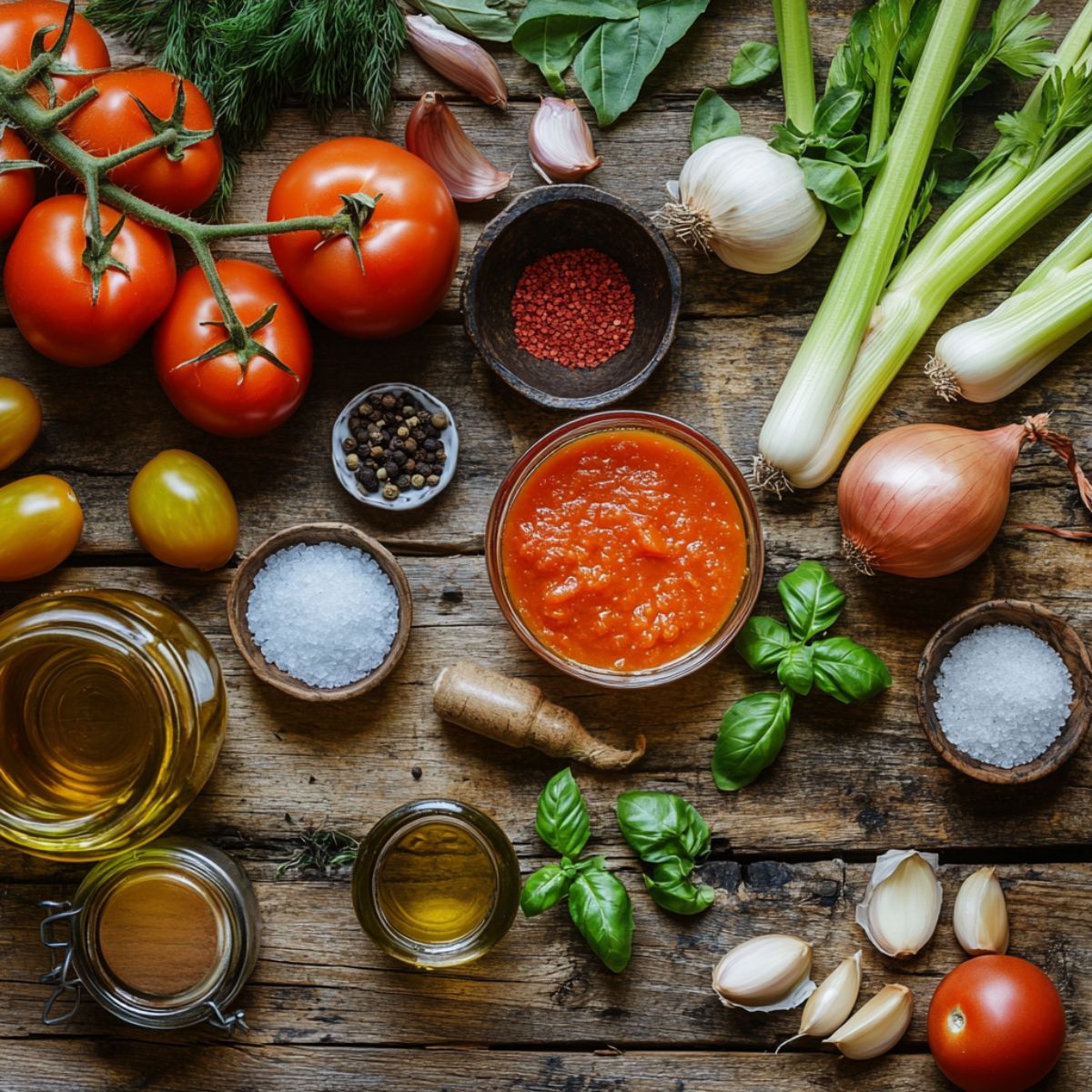 A rustic table with fresh tomato soup ingredients: vine tomatoes, cherry tomatoes, garlic, onions, celery, basil, spices, olive oil, and a bowl of crushed tomatoes, all arranged naturally with a homemade feel.